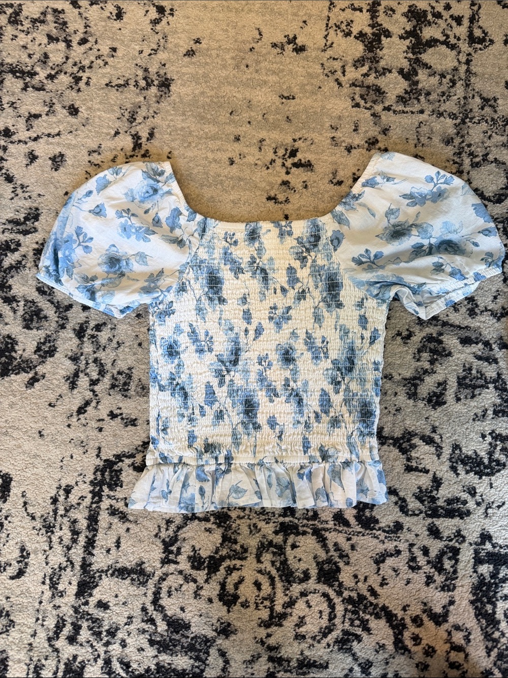 Blue Floral Puff-Sleeve Smocked Crop Top